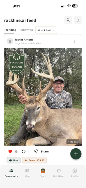 rackline.ai community feed showing a verified 159 90 inch whitetail buck