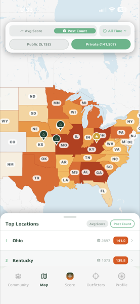 rackline.ai trophy heatmap showing post counts by state with Ohio and Kentucky leading