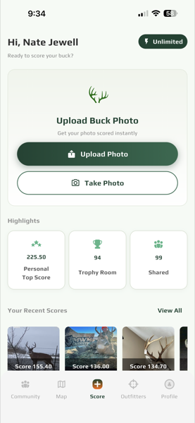 rackline.ai upload buck photo screen with personal stats and recent scores